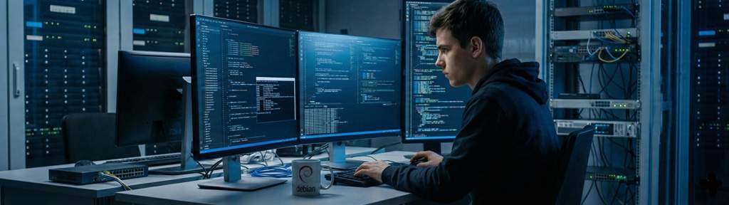 Nachwuchs-IT-Experte sitzt vor Monitoren, Debian Tasse auf dem Schreibtisch (KI generiert) Nachwuchs-IT-Experte sitzt vor Monitoren, Debian Tasse auf dem Schreibtisch (KI generiert)
